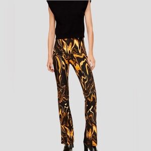 MNG Mango Miro Trousers Black and Gold Swirl Flared Wide Leg High Waist Pants Sm